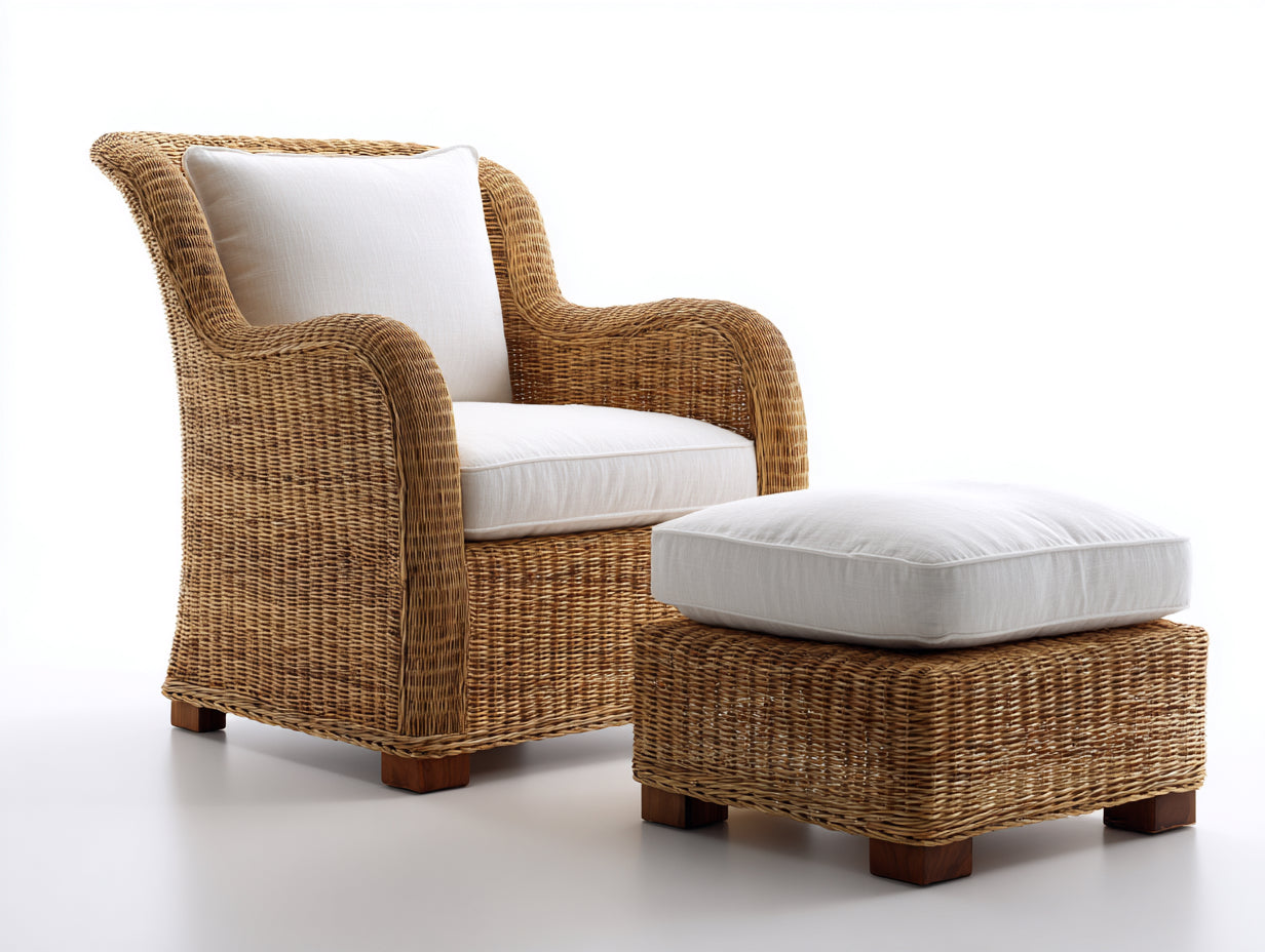 Sillones de ratán 88x84x96 cm beige y blanco - diseño natural con reposapiés