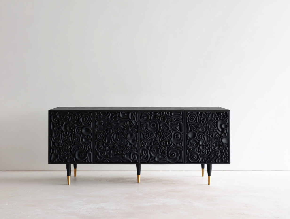 Mueble recibidor de madera 168x42x80 cm - negro - diseño moderno con relieve frontal
