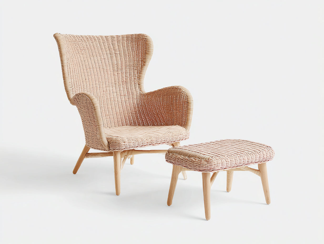 Sillones de ratán ratán y madera 75x82x105 cm - natural-roble - diseño nórdico con reposapiés
