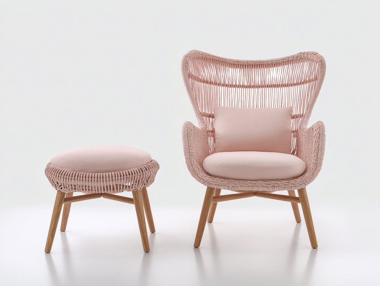 Sillones de ratán 92x82x105 cm rosa claro - diseño bohemio con reposapiés