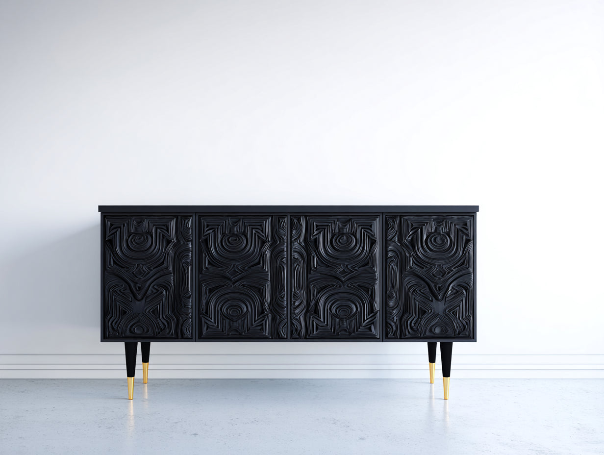 Mueble recibidor madera 180x42x82 cm - negro - diseño moderno con relieve decorativo